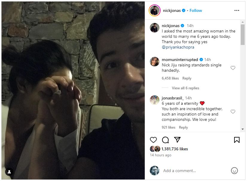 Nick Jonas Celebrates 6th Anniversary of Romantic Proposal to Priyanka Chopra